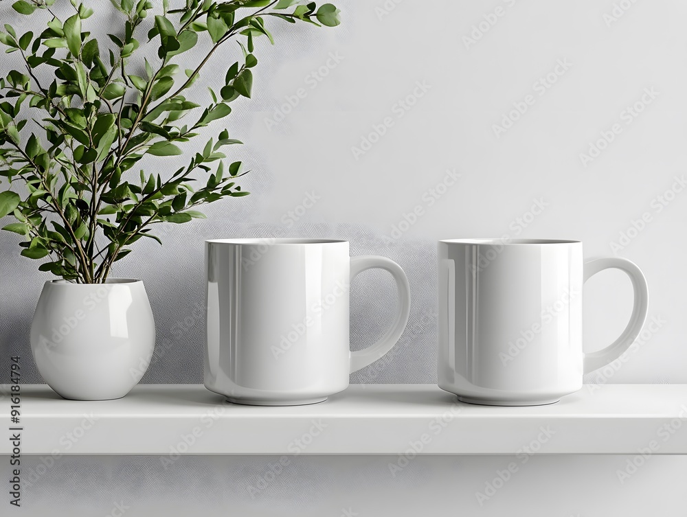 White mug mockup displayed on a plain white shelf with minimalistic decor White mug mockup displayed on a plain white shelf with minimalistic decor