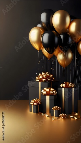 Black Friday en Estilo Elegante: Globos Negros y Dorados con Regalos de Lujo para Campaña Q4