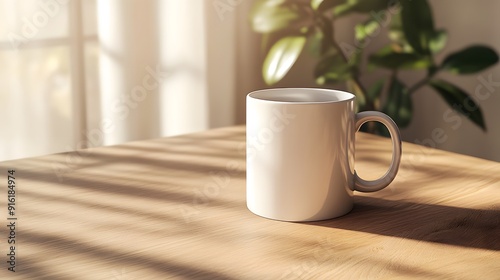 White mug mockup on a clean wooden table, surrounded by neutral tones and soft shadows