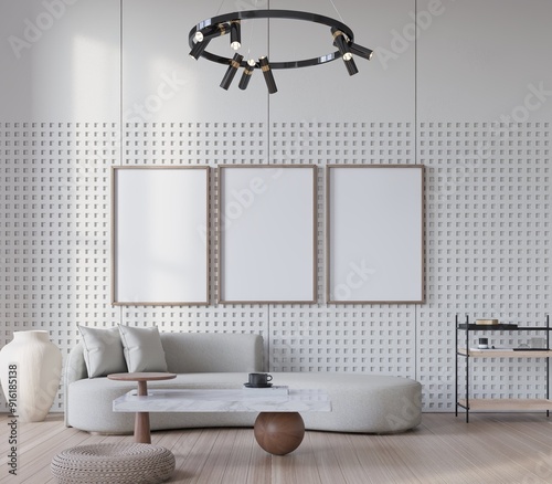poster mockup in home living room interior background. modern classic hi end style. 3d Rendering