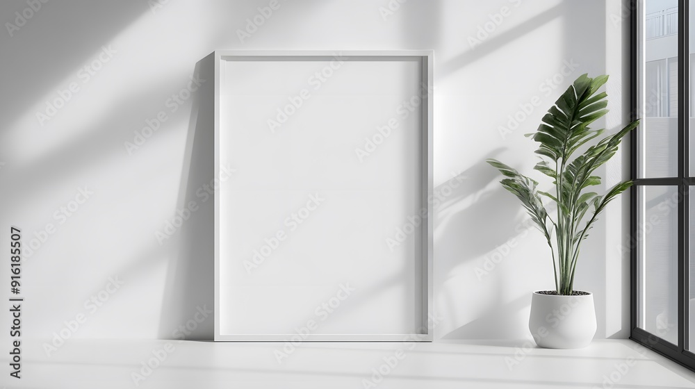 White frame with minimalist poster mockup on a plain white wall, soft shadows cast from natural light White frame with minimalist poster mockup on a plain white wall, soft shadows cast from natural light