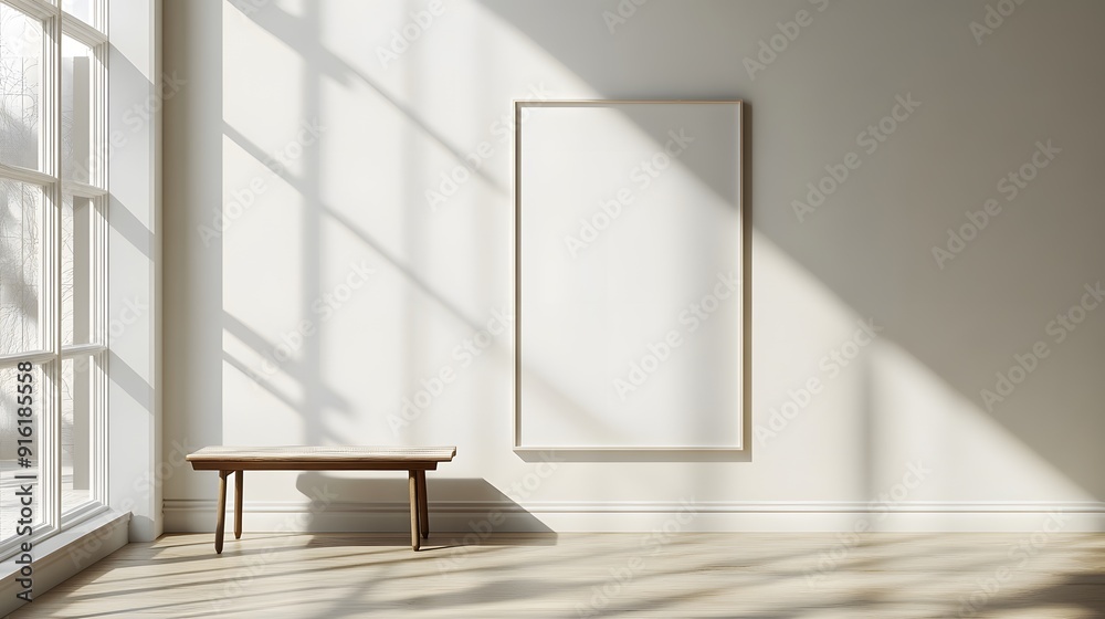 Fototapeta premium White frame with minimalist poster mockup on a plain white wall, soft shadows cast from natural light