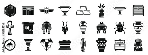 Pharaoh tomb icons set. Set of black and white icons representing various aspects of ancient egyptian culture
