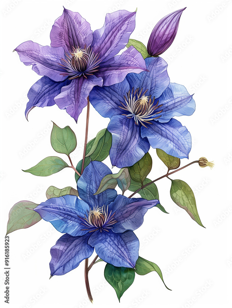 Fototapeta premium A detailed illustration of blue clematis flowers with leaves.