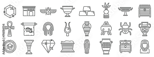 Pharaoh tomb icons set. Line art icon set featuring various artifacts and symbols associated with ancient egypt