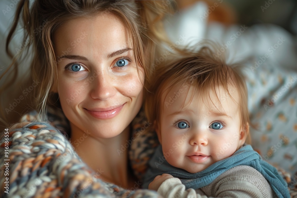 Happy mother lovingly breastfeeding her little adorable baby in a warm and cozy bedroom setting Happy mother lovingly breastfeeding her little adorable baby in a warm and cozy bedroom setting