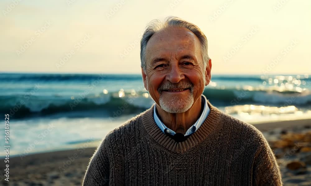 Group portrait video of a grinning man in his 60s wearing a cozy sweater against a water or ocean background Group portrait video of a grinning man in his 60s wearing a cozy sweater against a water or ocean background