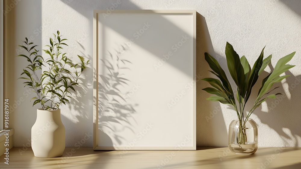Simple white frame with a minimalist art print mockup, leaning against a wall on a light wooden surface Simple white frame with a minimalist art print mockup, leaning against a wall on a light wooden surface