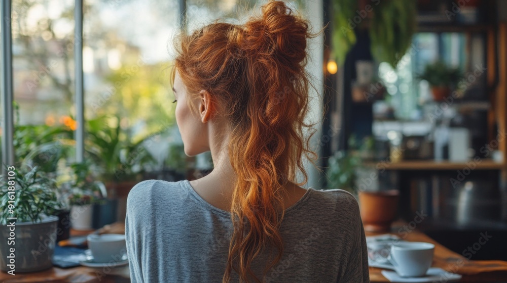 Woman with Red Hair Looking Out Window. Woman with Red Hair Looking Out Window.