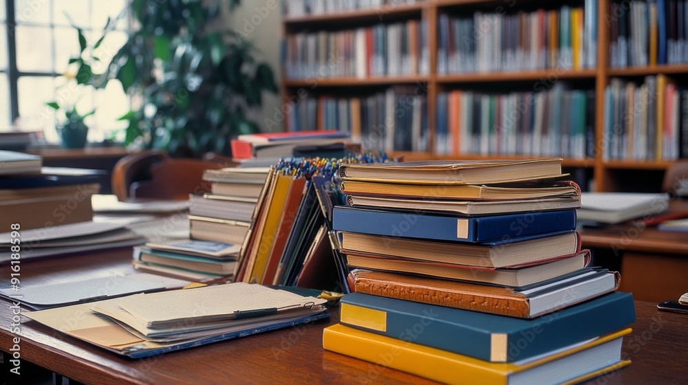 Stack of Books on Wooden Desk with Library Bookshelf in Background. Stack of Books on Wooden Desk with Library Bookshelf in Background.