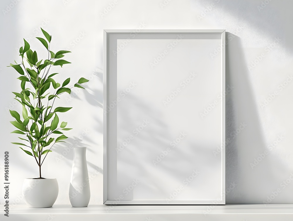 Minimalist poster mockup in a white frame, displayed on a simple shelf with a single plant Minimalist poster mockup in a white frame, displayed on a simple shelf with a single plant