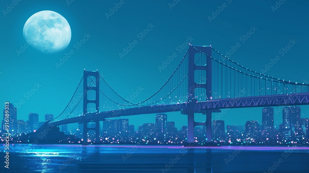 Fototapeta premium 都会にある大きな橋と満月6