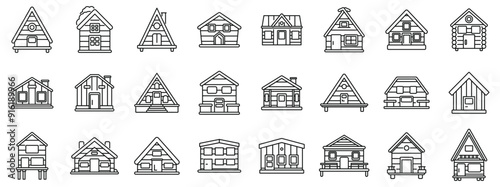 Wooden cabin icons set. This collection of wooden houses showcases diverse architectural styles, ideal for real estate listings or home design concepts