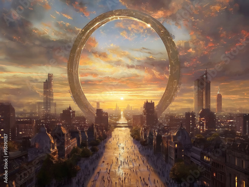 A cityscape with a large golden circle in the center. The sky is orange and the sun is setting. The city is filled with people walking down the street photo