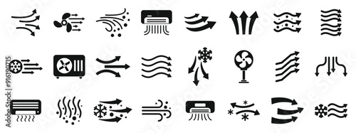 Cold air flow icons set. Set of ventilation icons showing airflow, cooling, and conditioning with fans and air conditioners