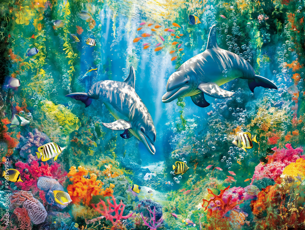 Two dolphins swimming in a colorful ocean with many fish and other sea creatures