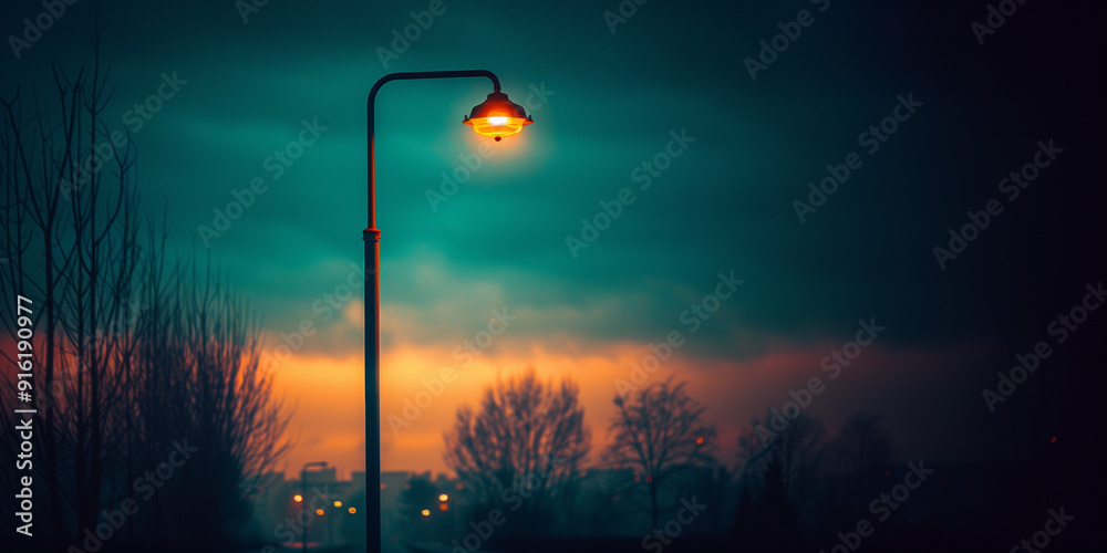 A solitary street lamp illuminates a dark landscape at dusk, creating a moody atmosphere. A solitary street lamp illuminates a dark landscape at dusk, creating a moody atmosphere.
