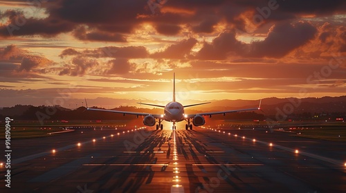 Airplane on a runway at sunset with dramatic skies