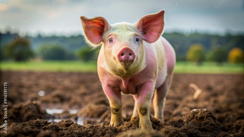 Close up of a cute pink pig standing in a muddy field, farm animal, agriculture, livestock, swine, domestic, pork, snout Close up of a cute pink pig standing in a muddy field, farm animal, agriculture, livestock, swine, domestic, pork, snout