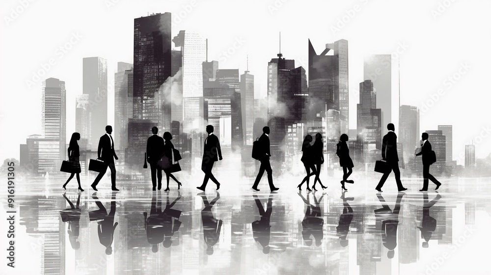Obraz premium 都会の高層ビル群を歩いているビジネスパーソンたちのシルエット15
