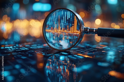 Wallpaper Mural Business concept background with magnifying glass, financial charts, and double exposure of a businessman examining data on a digital tablet over abstract futuristic geometric shapes, stock photo

 Torontodigital.ca