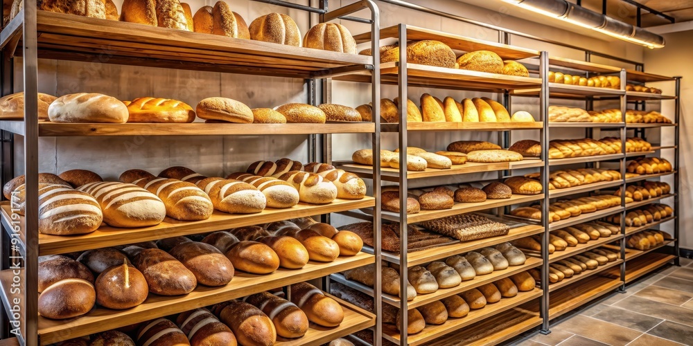 Freshly baked bread displayed on shelves in a bakery, bread, bakery, display, shelves, freshly baked, pastries, assortment Freshly baked bread displayed on shelves in a bakery, bread, bakery, display, shelves, freshly baked, pastries, assortment