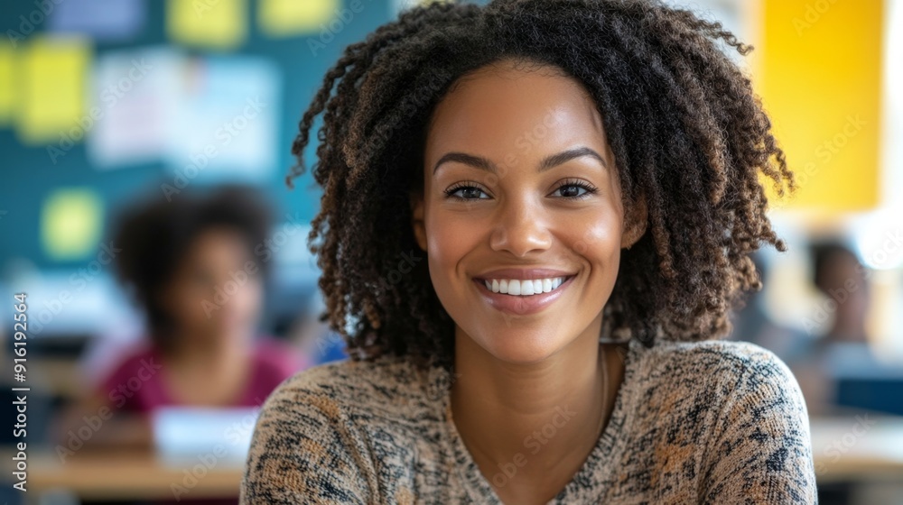 Smiling Woman with Curly Hair in Classroom. Smiling Woman with Curly Hair in Classroom.