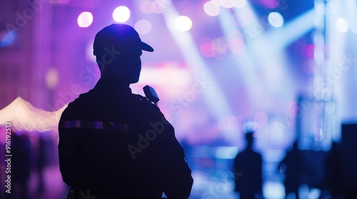 Silhouetted security guard at a concert.