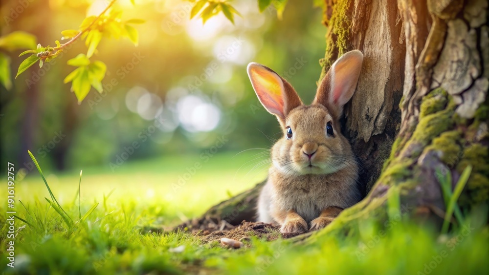 Cute rabbit resting under a tree , rabbit, woodland, relaxation, peaceful, nature, furry, adorable, fluffy, wildlife Cute rabbit resting under a tree , rabbit, woodland, relaxation, peaceful, nature, furry, adorable, fluffy, wildlife