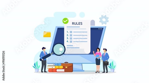Business people studying list of rules, reading guidance, making checklist 2d video animation 4k clip