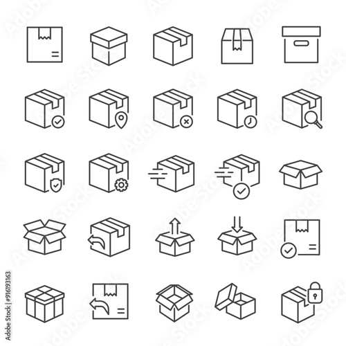 Vászonkép Package, box, cardboard, delivery, parcel thin line icons collection