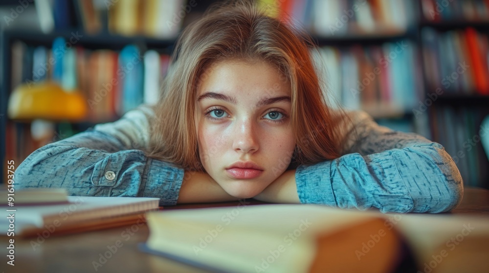 Young Woman Resting Her Head On Books In A Library. Young Woman Resting Her Head On Books In A Library.