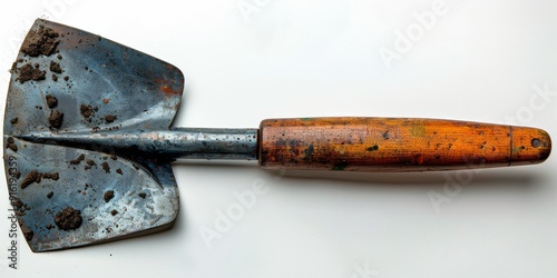 Large spade shovel with rectangular blade and sturdy wooden handle on white background. Heavy-duty digging tool concept photo