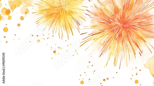 3D Watercolor Independence Day Fireworks - Yellow and Festive