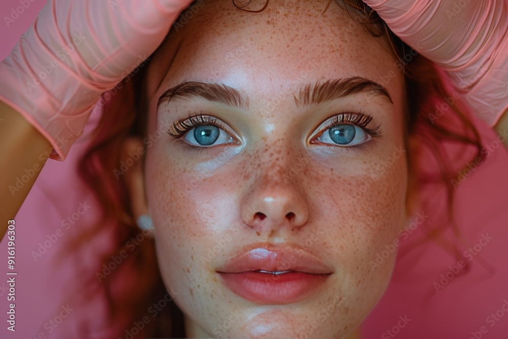 Fototapeta premium Woman receiving forehead injection from medical professional on pink background, looking relaxed