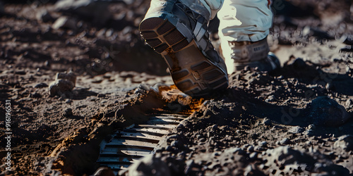 Closeup of a Boot Stepping on a Tire Track in Dirt