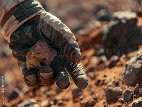 Close-up of a Gloved Hand Holding a Rock on a Rocky Surface - Photo