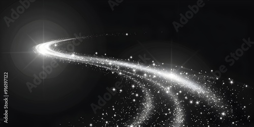 A white glittering stardust trail on a transparent background vector illustration. White glowing stars and sparkles in the shape of a long curved line with a bokeh lights effect. An abstract glitterin