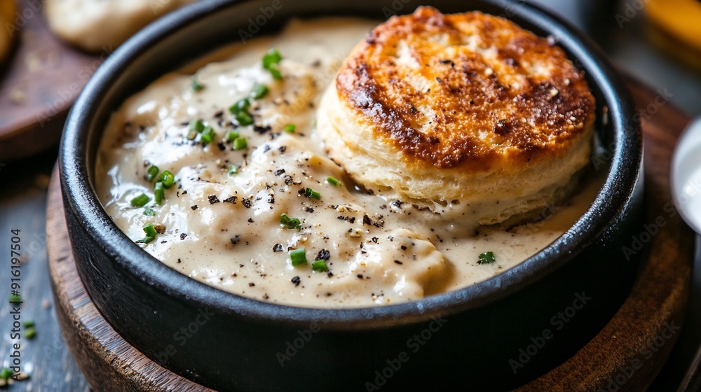 Close-up of a Creamy, Savory Dish with a Biscuit Close-up of a Creamy, Savory Dish with a Biscuit