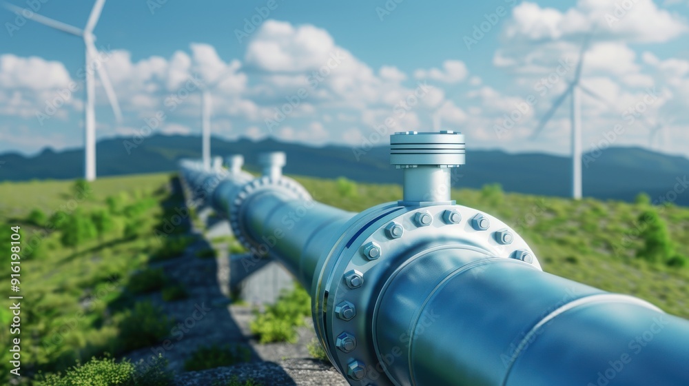 A close-up of a modern pipe with wind turbines in the background, symbolizing renewable energy and infrastructure development. A close-up of a modern pipe with wind turbines in the background, symbolizing renewable energy and infrastructure development.