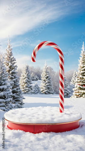 Christmas candy cane product display podium in the snow with product presentation space in a winter wonderland, Christmas scenery, candy cane podium with presentation space, ad, podium platform photo