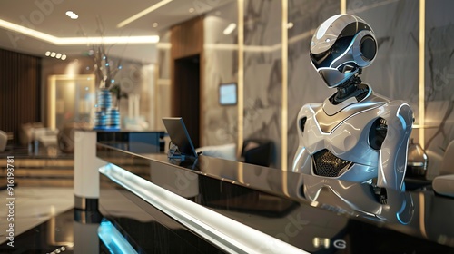 Futuristic robot receptionist at a modern hotel reception desk.