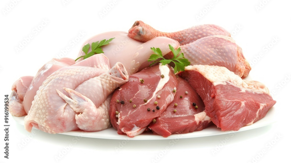 Raw Chicken and Beef on White Plate Raw Chicken and Beef on White Plate