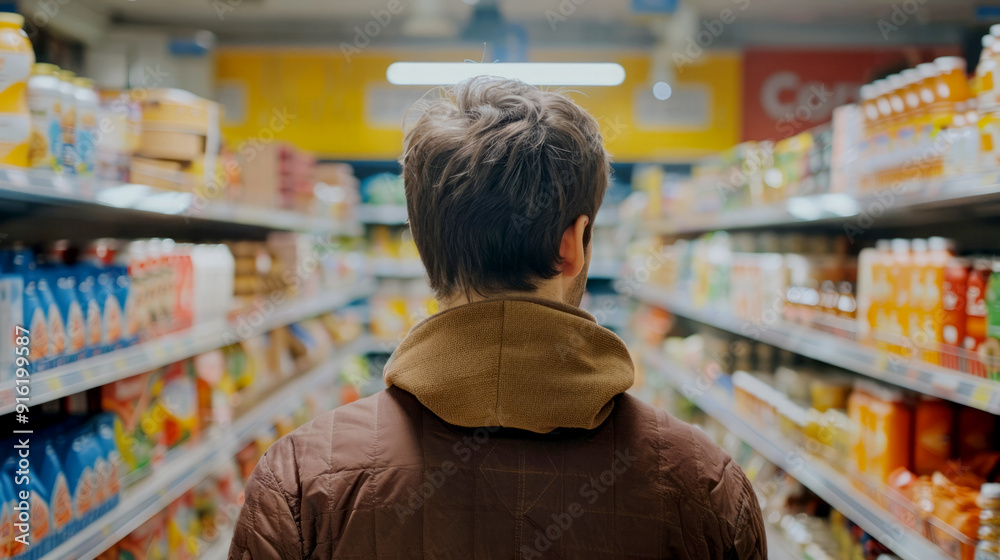 man walks grocery store, looking at the products on the shelves. man walks grocery store, looking at the products on the shelves.