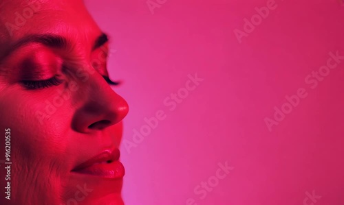 Portrait of a middle-aged woman with closed eyes on a pink background
