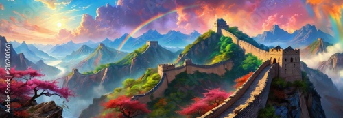 Majestic Great Wall of China with Rainbow and Cherry Blossoms. photo