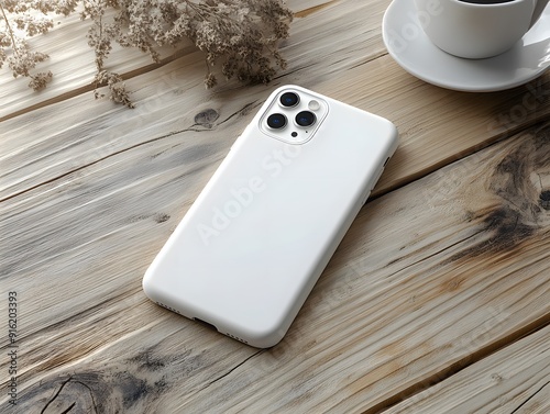 White phone case mockup placed on a light wooden surface, simple and elegant design