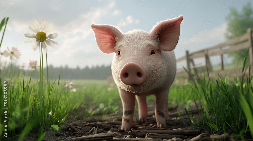 A Curious Piglet in a Green Meadow A Curious Piglet in a Green Meadow