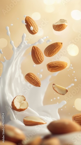 Almond Milk and Almonds in Mid-Air: A Bokeh Background Showcase for Dairy Alternatives and a Nutritious Lifestyle,Product display, e-commerce advertising, e-commerce posters, 4K wallpaper