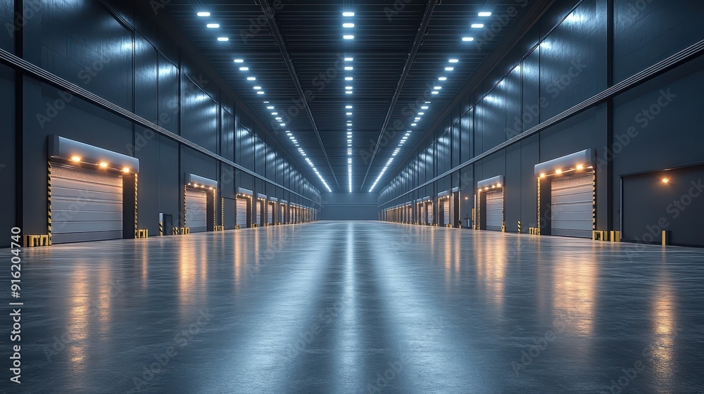 Large empty warehouse with high ceilings, white LED lighting, gray floor, and flat wall, modern hangar for goods, photorealistic photography with a dark background
Large empty warehouse with high ceilings, white LED lighting, gray floor, and flat wall, modern hangar for goods, photorealistic photography with a dark background